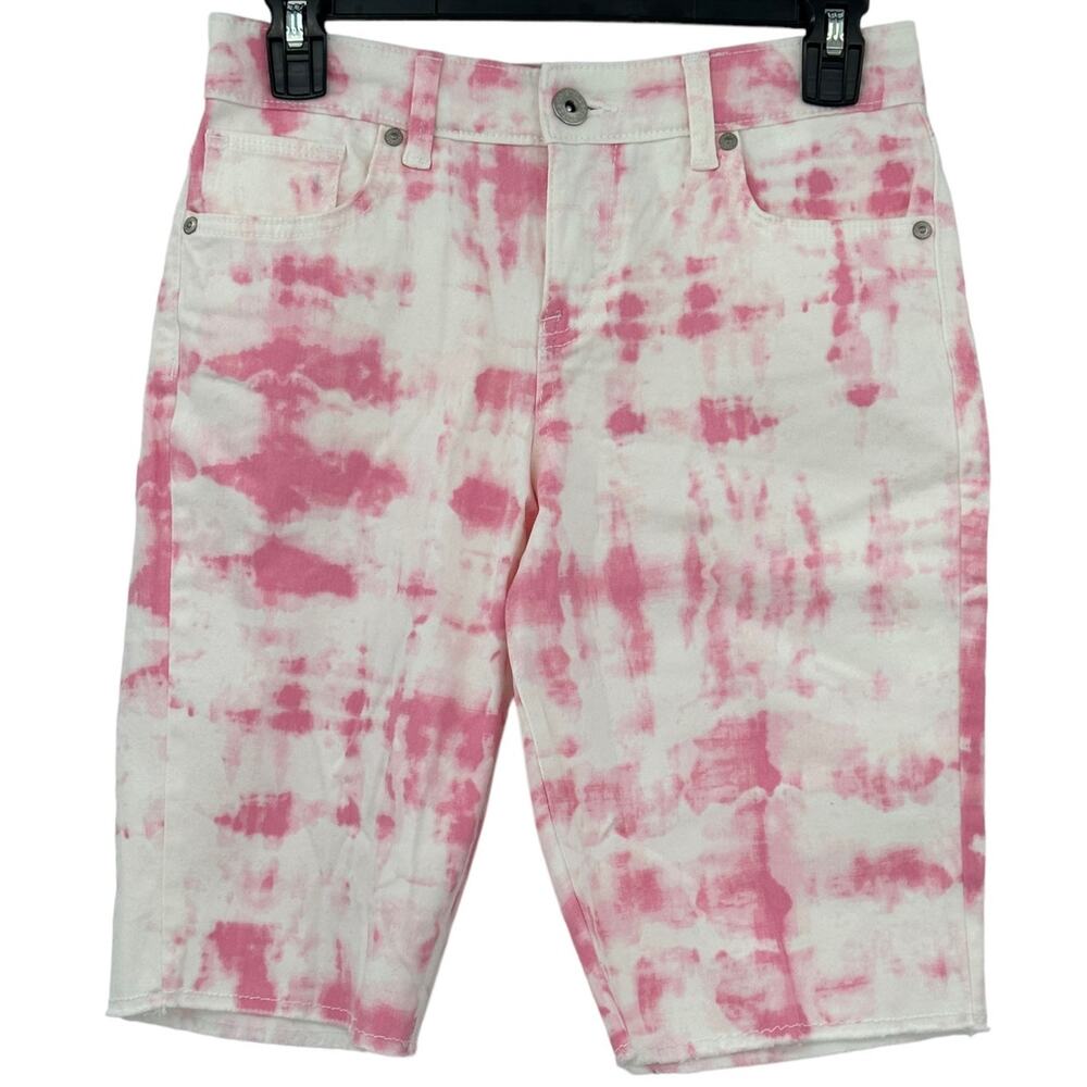 Style & Co Shorts Womens 2 Petite Mid Rise Bermuda White Pink Tie Dye Festival